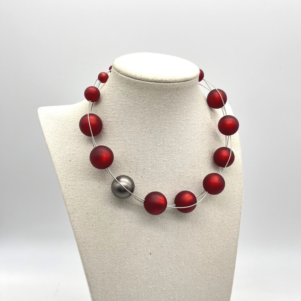 Avon PMA Frosted Red and Silver Bead Double Strand Wire Necklace 19 inch